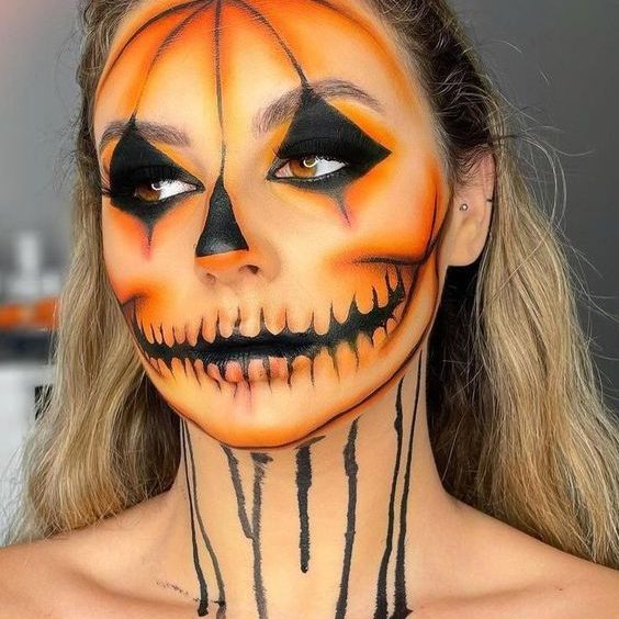 Maquillage Halloween dégoulinant zombie orange et noir