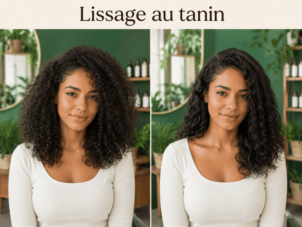 Avant après lissage tanin sur cheveux 4a
