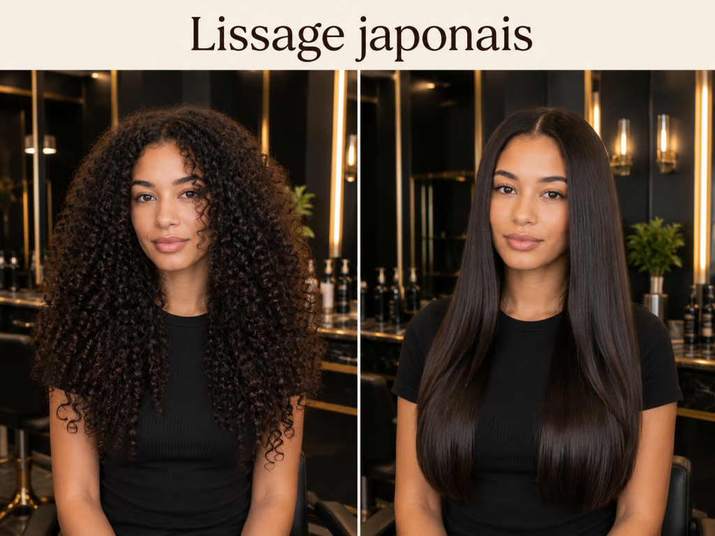 Avant après lissage japonais sur cheveux 4c