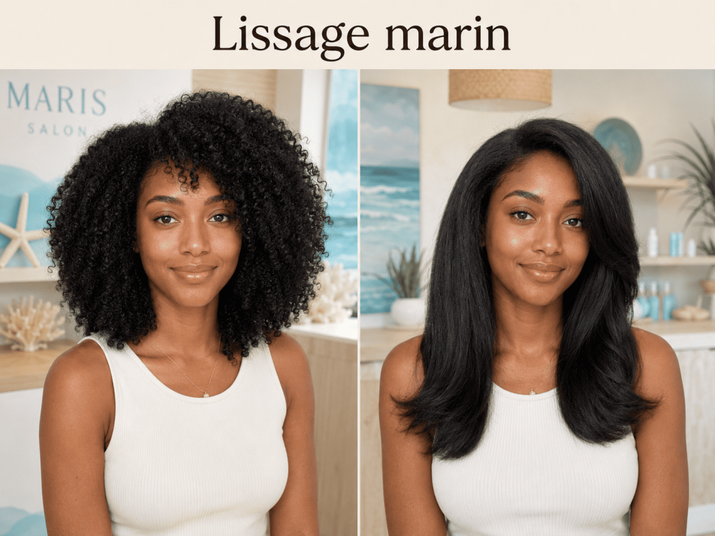 Avant après lissage marin sur cheveux frisés